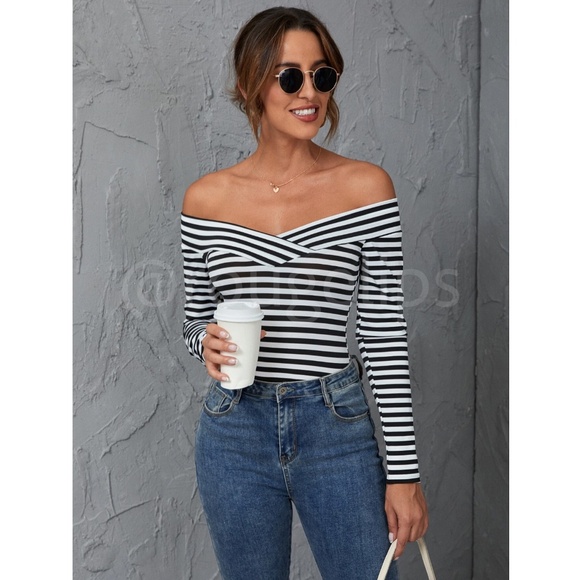 Black & White Striped Off Shoulder Long Sleeve Tee Shirt Top Slim Fit - Picture 12 of 13